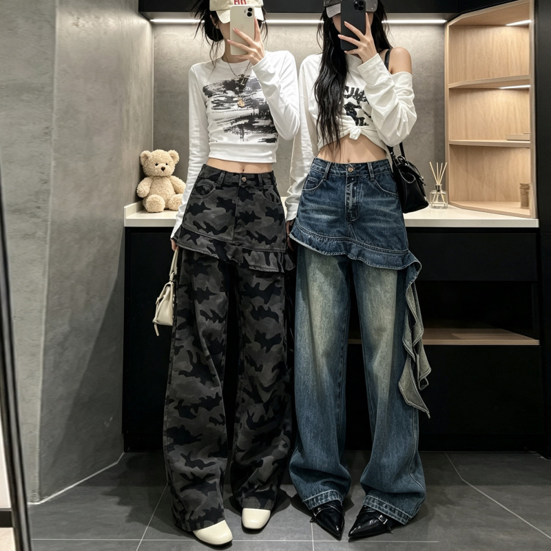 2026 Autumn American Style Fake Two-Piece Ruffled Wide-Leg Jeans for Women High-Waisted Loose Slimming Straight Long Pants New