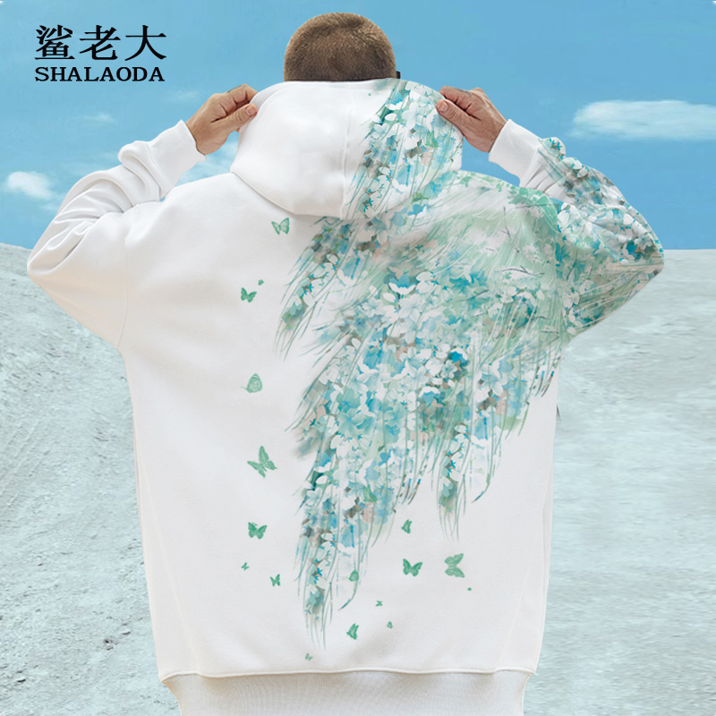 Spring New Trendy Brand Wing Pattern Sweatshirt Men's Hooded Jacket Top Feather Pattern Clothing Large Size Casual