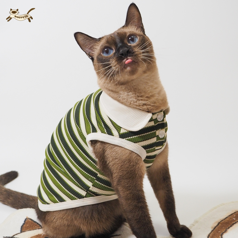 Hugpets Black and Green Waffle Striped Shirt Harry Potter Style Polo Shirt Siamese Abi Cat Clothes