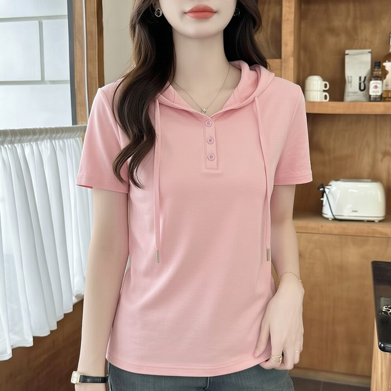 Ice Silk Cotton Regular Shoulder Hooded Short-Sleeve T-Shirt for Women, Summer 2026 New Popular Style with Buttons, Loose Fit, Plus Size Half-Sleeve Top