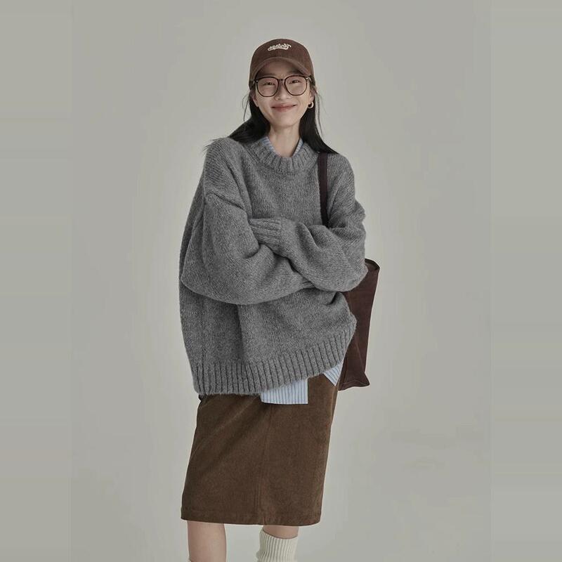 Gray Cashmere Sweater for Women, Thickened, Loose-Fitting, Round-Neck Pullover, Lazy Style Knitted Base Shirt, Autumn and Winter Style