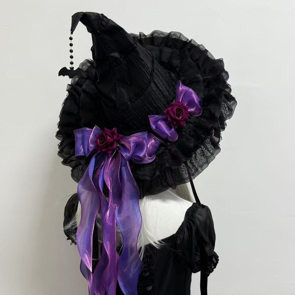 Original Lolita handmade gothic dark witch widow hat with pearl tassels, lace, and roses Halloween hat