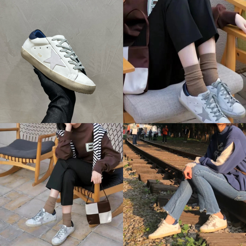 【Mu You Shoes】Blue Tail Gray Star Gb Cowhide Leather Distressed and Worn-In Style Height-Increasing Dirty Shoes Women's Casual Shoes