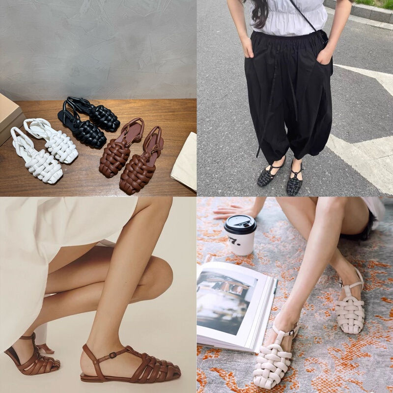 【Mu You Shoes】Super Soft~ Eu Sheepskin Cloud Hollow Woven Flat Roman Closed-Toe Sandals for Women