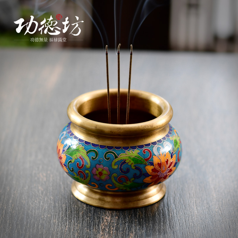 Gongde Fang Pure copper enamel color for Buddha aroma stove Household indoor cloisonne incense stove Large plug incense stove
