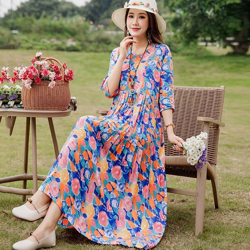Ethnic Style Dress, Slim Fit Cotton Silk Long Skirt, Women's Summer Mother's Bohemian Floral Beach Dress, Long Skirt
