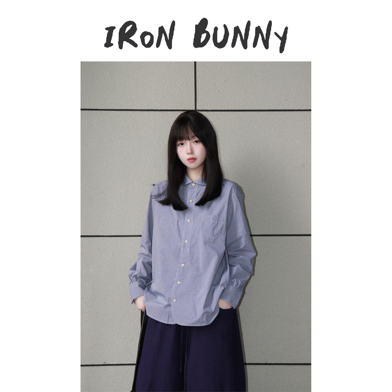 Iron Bunny丨Peter Pan Collar Plaid Irregular Placket High-Thread-Count Cotton Long-Sleeve Shirt