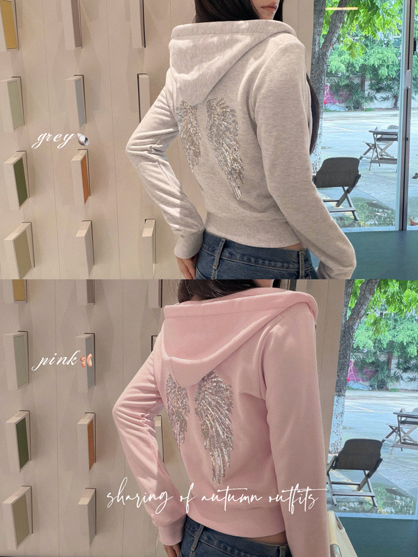 Withtong-Angel Wings Sequin Embroidered Sweatshirt Slim Fit Casual Hoodie Sweatshirt Withtong-Angel Wings Sequin Embroidered Sweatshirt Slim Fit Casual Hoodie Sweatshirt