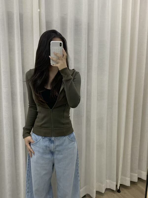 Withtong Zipper Hooded Slim Fit Thin Velvet Stretch Sweatshirt Jacket