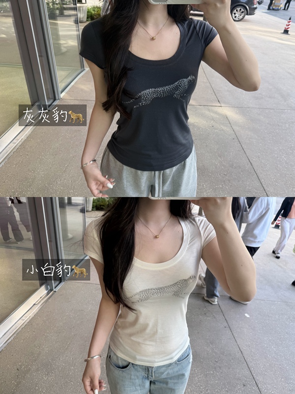 Withtong-Lenzing Tencel Wool Large Round Neck Leopard Print Short-Sleeved T-Shirt