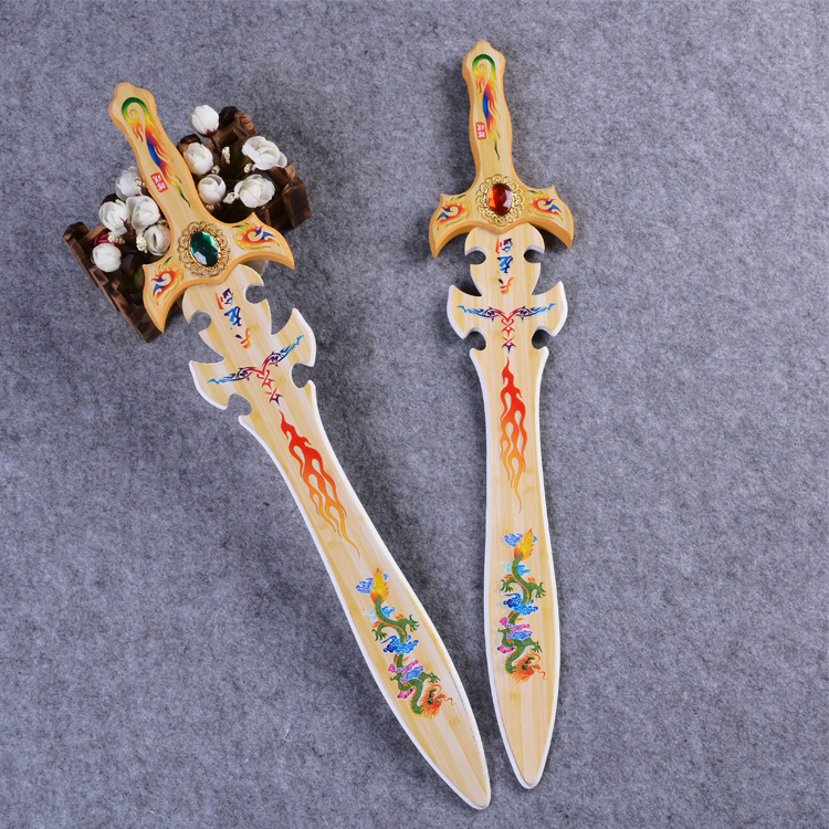 New children's toys bamboo and wooden colored Tianlong sword Qinglong sword inlaid gemstone animation wooden sword performance props