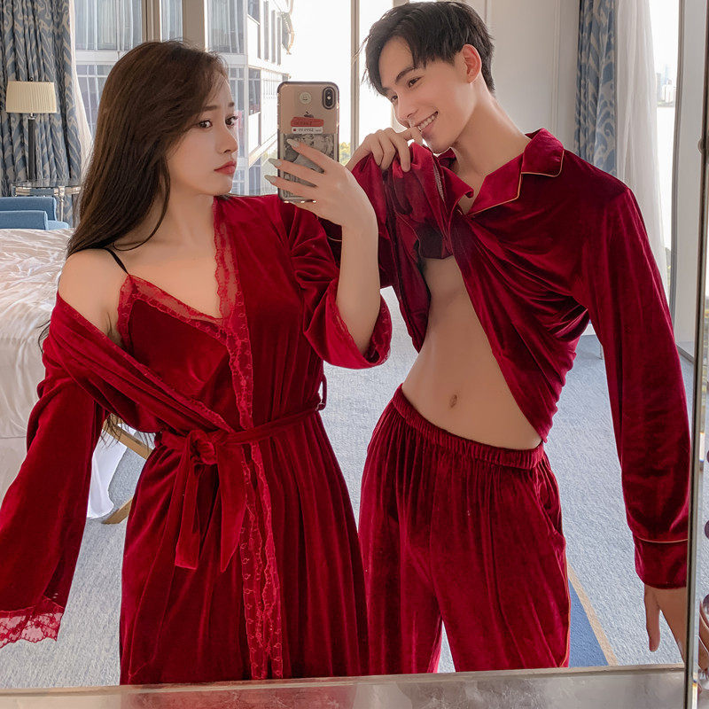 Golden Velvet Couple Woman's Fall Winter Sexy Lace Red Bride Hanging Sleepy Dress Men's Home Clothes