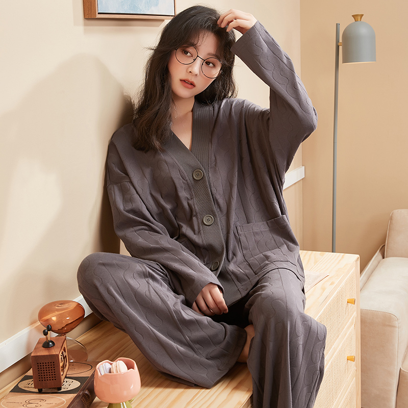 Japanese autumn and winter pure cotton pajamas women's cardigan long-sleeved solid color fashion loose home service two-piece suit for women