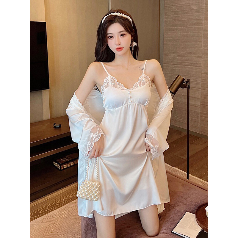 Sexy pajamas women's summer ice silk thin nightdress with chest pads white lace lace sling nightgown two-piece suit