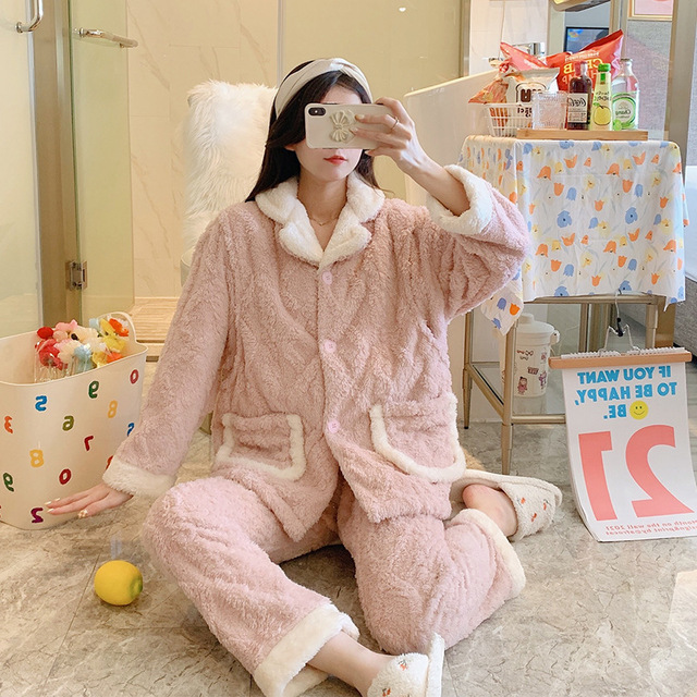 Coral fleece thickened pajamas women's flannel confinement clothing autumn and winter pregnant women breastfeeding warm large size home clothing set