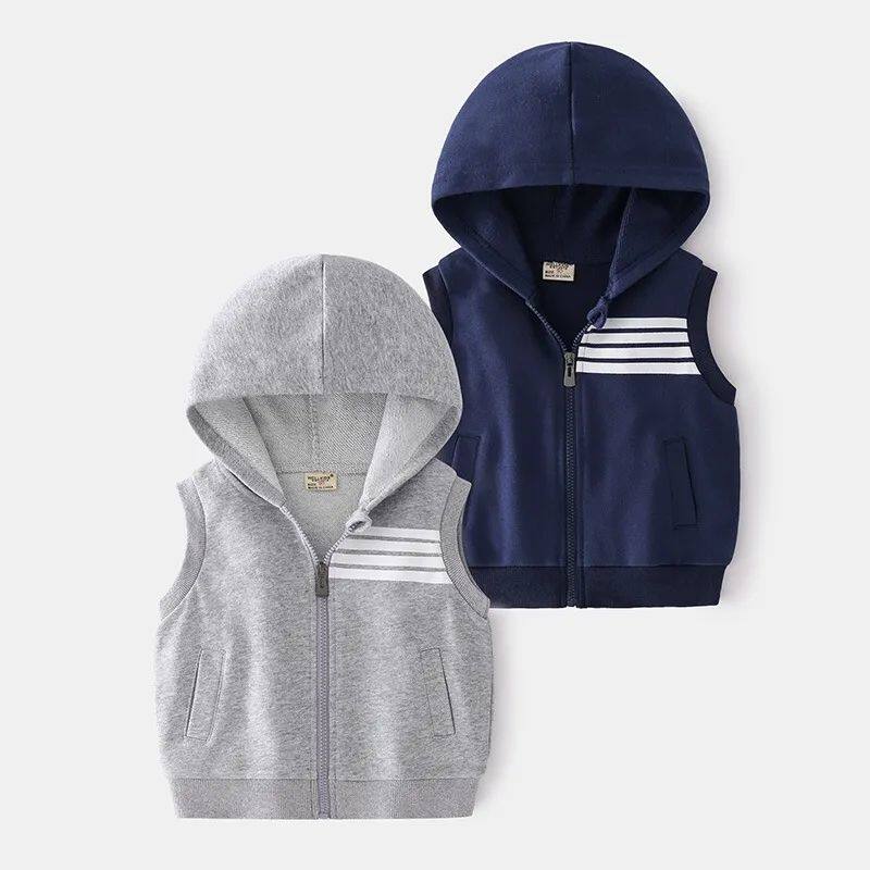 男の子用フード付きベスト、秋スタイル、万能、2024年新作韓国スタイル、スタイリッシュな子供用ベスト／ベビーベスト