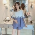 Bà bầu phù hợp với thời trang hè 2019 mới mẹ áo sơ mi ngắn tay nâng bụng mặc quần short hai dây giản dị - Áo thai sản