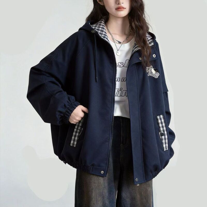 Lazy Style Sweet and Cool Floral Bud Jacket for Girls, New Spring and Autumn Plaid Patchwork Workwear Windbreaker for Middle and High School Students Lazy Style Sweet and Cool Floral Bud Jacket for Girls, New Spring and Autumn Plaid Patchwork Workwear Windbreaker for Middle and High School Students