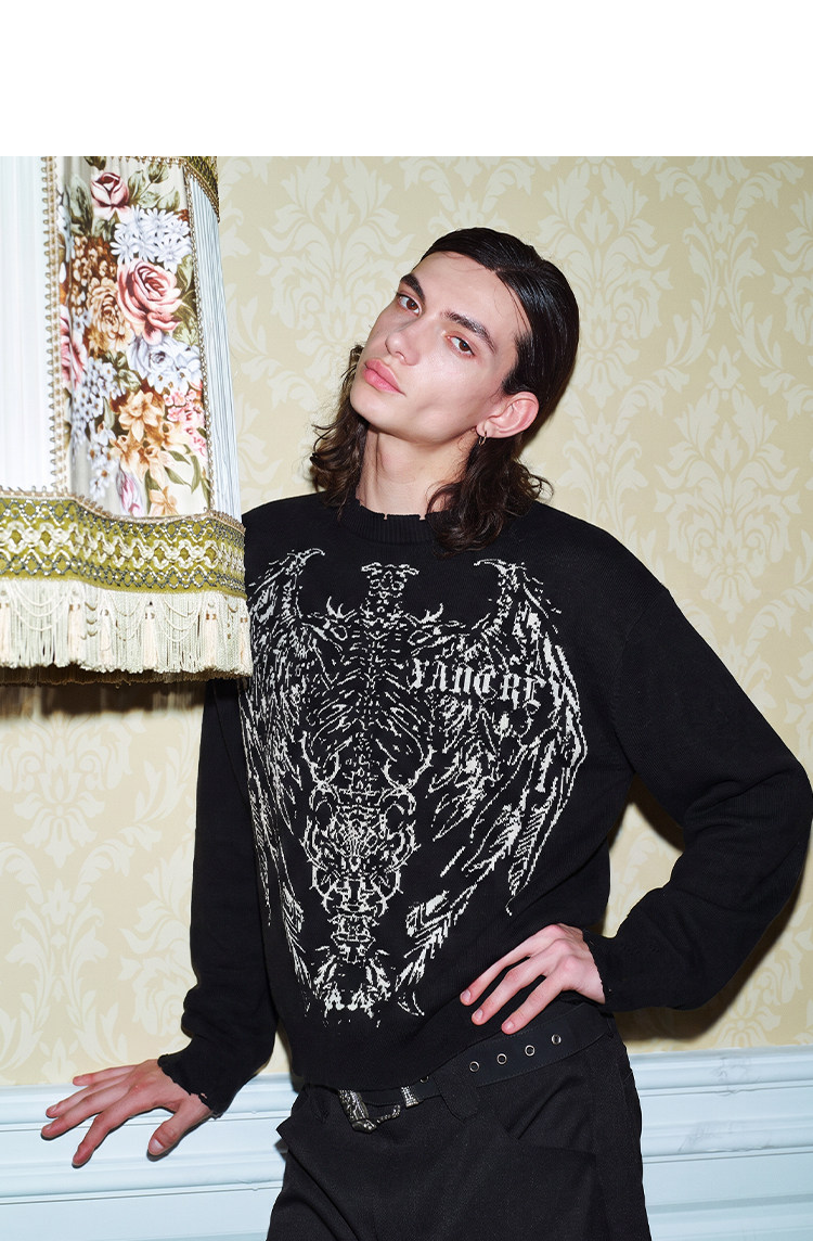 YADcrew Winged Skull Distressed Crewneck Top