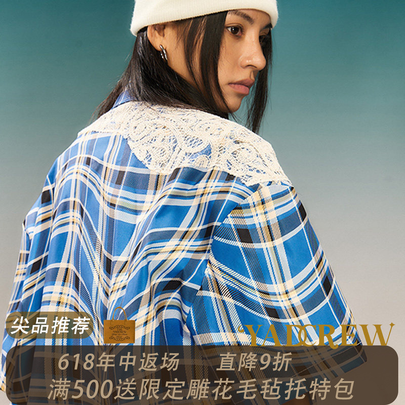 【Ding Yuxi X Zhang Huanrui Same Style】Yadcrew Plaid Lace Patchwork Shirt, Loose Short Sleeves