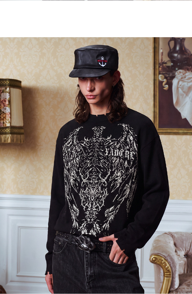 YADcrew Winged Skull Distressed Crewneck Top
