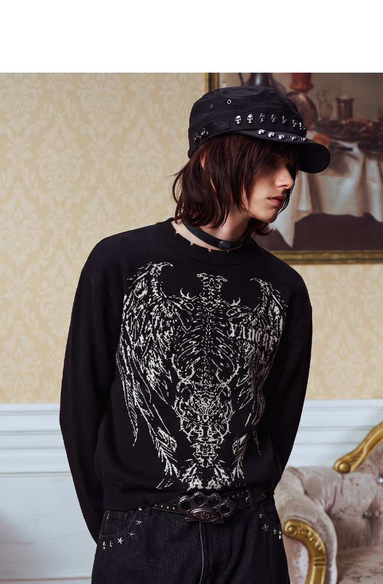 YADcrew Winged Skull Distressed Crewneck Top