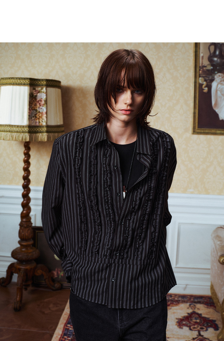YADcrew Striped Ruffle Court-Style Shirt
