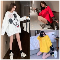 Hong Kong Tide brand autumn and winter New Large size plus velvet round neck sweater female Mickey long fake two long sleeve base shirt