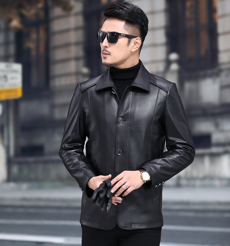 Mùa thu và mùa đông Áo da nam bằng da trung niên ve áo bằng da cừu lông một chiếc áo khoác ngắn cỡ lớn áo jean nam