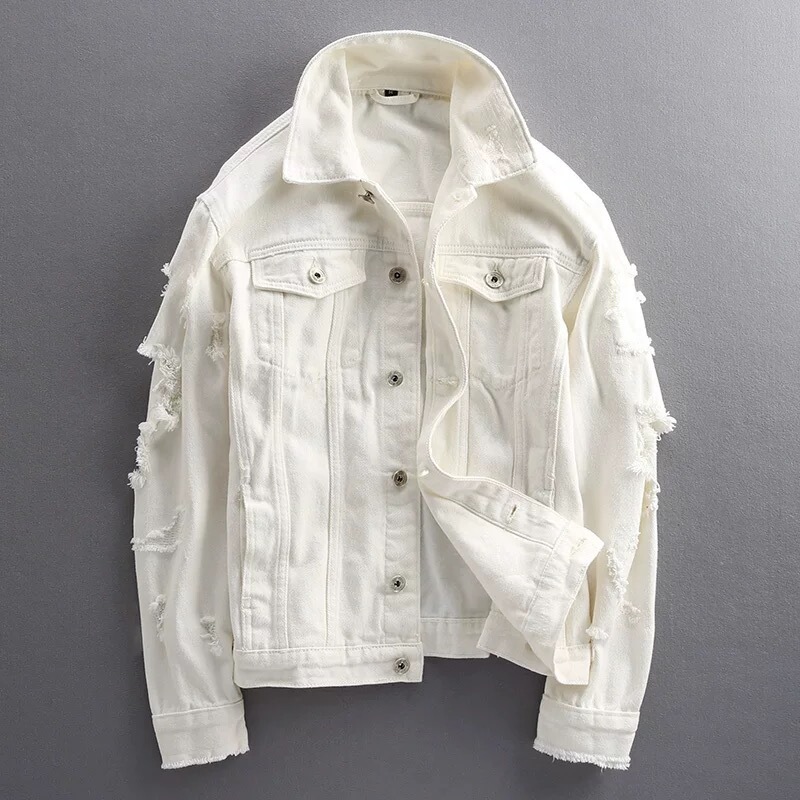 Original Ripped Denim Jacket for Men, Korean Style, Trendy, Slim Fit, Street Style, Cool and Handsome, Casual White Denim Jacket