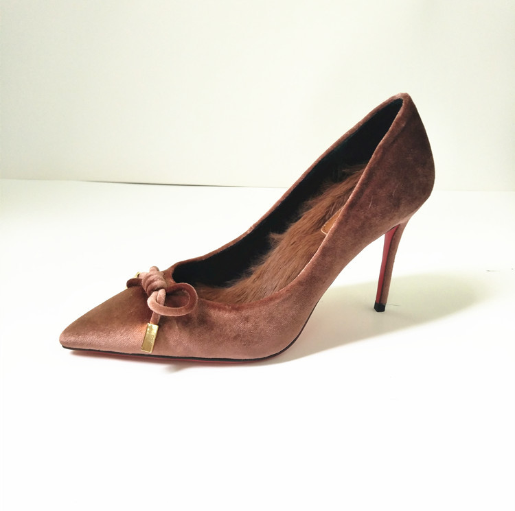 Retro Autumn and Winter Velvet Bow Pointed Toe Stiletto High-Heeled Shoes Genuine Leather Rabbit Fur Women's Trendy Shoes