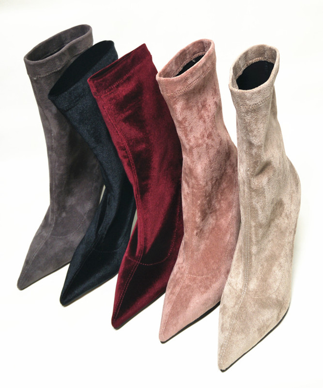 New Autumn and Winter Women's Shoes, Silk Velvet Short Boots, Velvet Shoes, Stiletto Heels, Slim Leg Elastic Boots, Mid-Calf Boots, Sock Boots