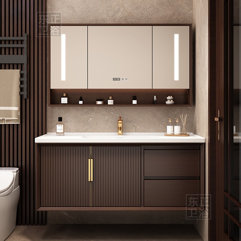 New Chinese-Style Bathroom Cabinet Set with Integrated Ceramic Basin, Oak Wood Washbasin, Wall-Mounted Vanity in Walnut Color