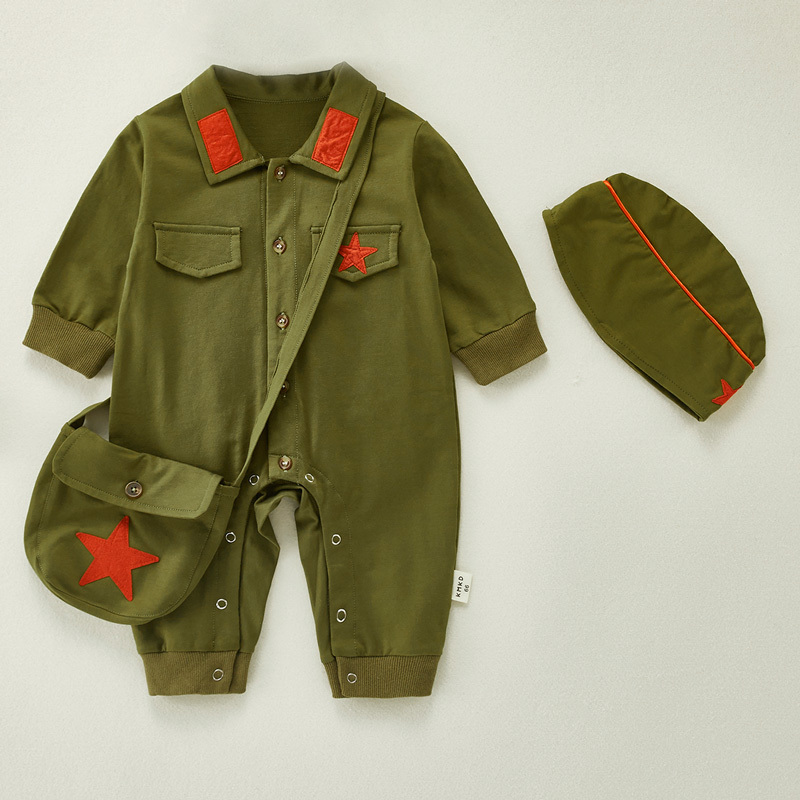 Newborn Baby Spring and Autumn Military Uniform for Boys and Girls 0-12 Months Little Red Army Jumpsuit Sibling Outfit First Birthday Dress