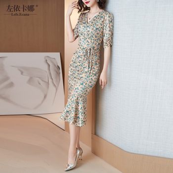 Spring Goddess Fan Temperament V-neck Floral Dress