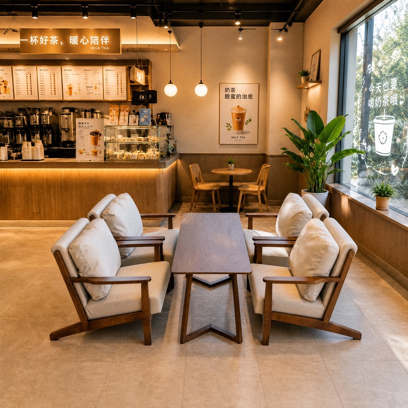 Chain Milk Tea Shop Table and Chair Combination Coffee Shop Leisure Area Solid Wood Sofa Cafe Chair Reading Area Deck Chain Milk Tea Shop Table and Chair Combination Coffee Shop Leisure Area Solid Wood Sofa Cafe Chair Reading Area Deck