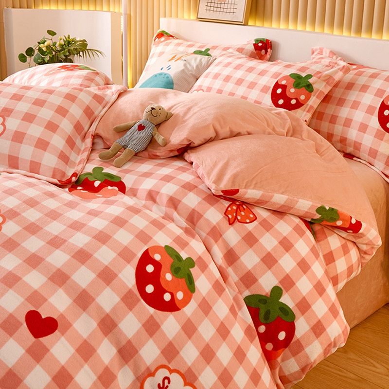 Thickened Milk Suede Bed Four Pieces Winter Coral Suede Double Face Suede Crystal Flannel Quilt Cover Three-type bed group
