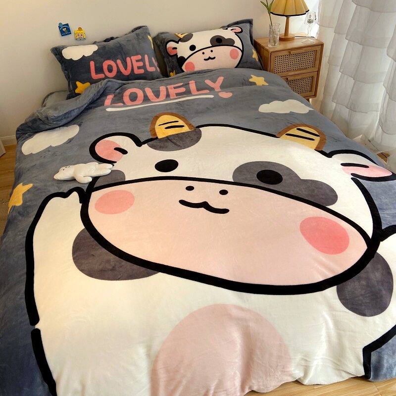 Thickened Cartoon Milk Coral Suede Bed Four Pieces Of Winter Bifacial Flange Suede Bed Linen Plus Suede Quilt Cover Three Sets