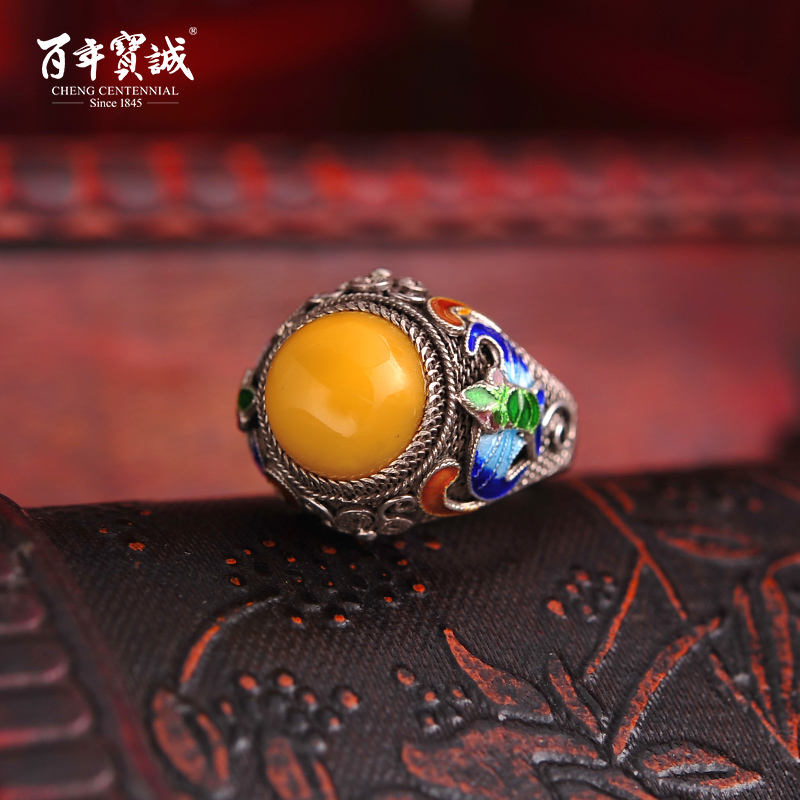 Centuries-old Treasure Wax Chicken Oil Yellow Pinch High Temperature Enamel Silver Ring Woman 925 Jingtai Blue Flower Artisanal Ring