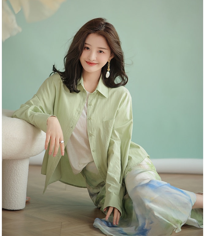 Green Pure Cotton Shirt for Women, Long-Sleeved, Simple Commuter Top, Women's 2023 Spring and Summer New Style, Niche and Unique, Thin Shirt