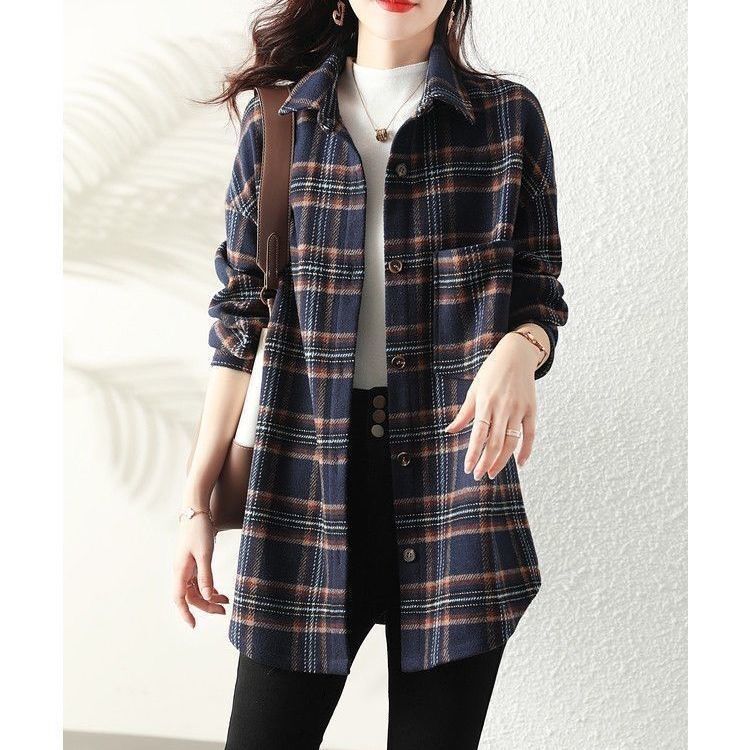 Brushed Plaid Long-Sleeved Shirt Women's Jacket Spring and Autumn Fleece-Lined or Non-Fleece Loose Plaid Mid-Length Shirt Women's Jacket