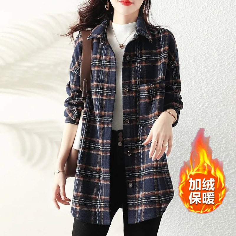 Fleece-Lined and Thickened Brushed Plaid Long-Sleeved Shirt for Women, Spring and Autumn, Non-Fleece, Loose Plaid Mid-Length Shirt for Women