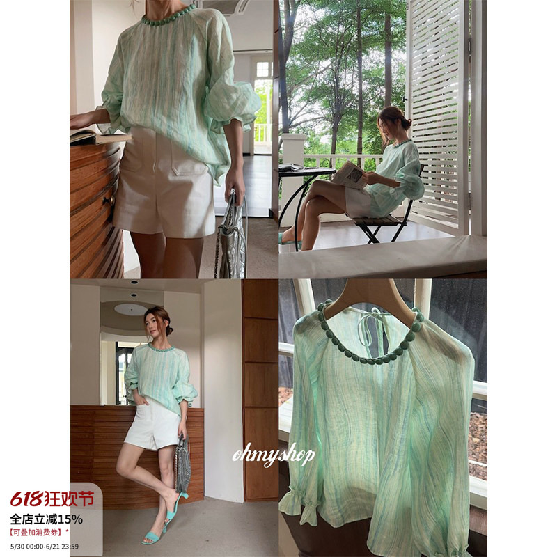 Ohmyshop “After the Rain Villa” Turquoise Necklace Fully Handmade Beaded High-End Linen Long-Sleeve Shirt Ohmyshop “After the Rain Villa” Turquoise Necklace Fully Handmade Beaded High-End Linen Long-Sleeve Shirt