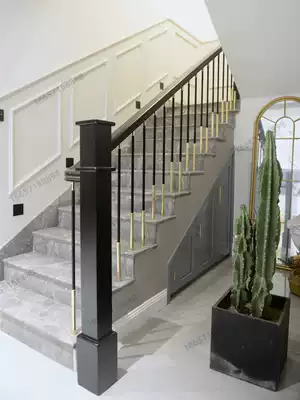 High-end stair handrail Modern simple light luxury style aluminum art pole gold-plated process solid wood new Chinese stair railing