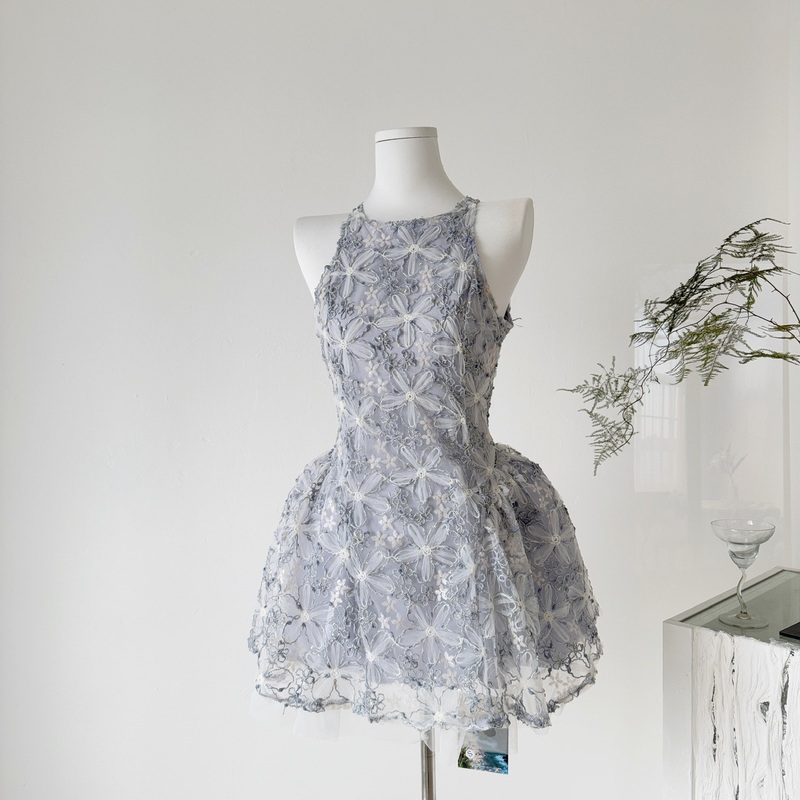 Miyou's Self-Made Misty Gray Elegant Dress with Custom-Dyed Misty Blue Embroidery, Sweet Floral Puffy Princess-Style Dress for Women