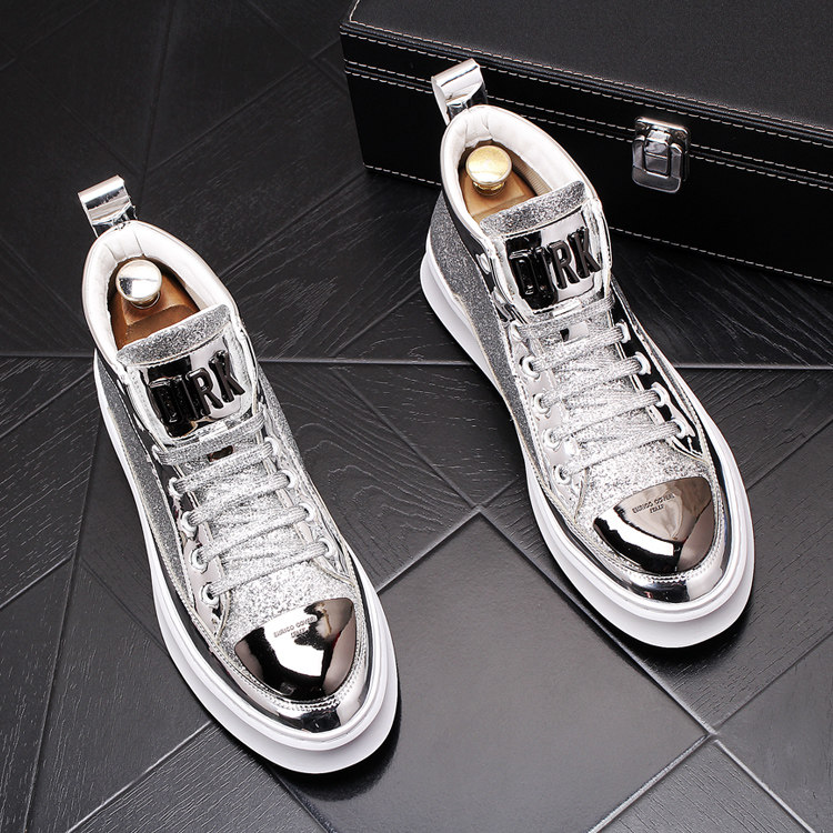 Silver high-top shoes men's fashion sequins hair stylist personality trendy shoes British leather thick bottom increased Martin boots men