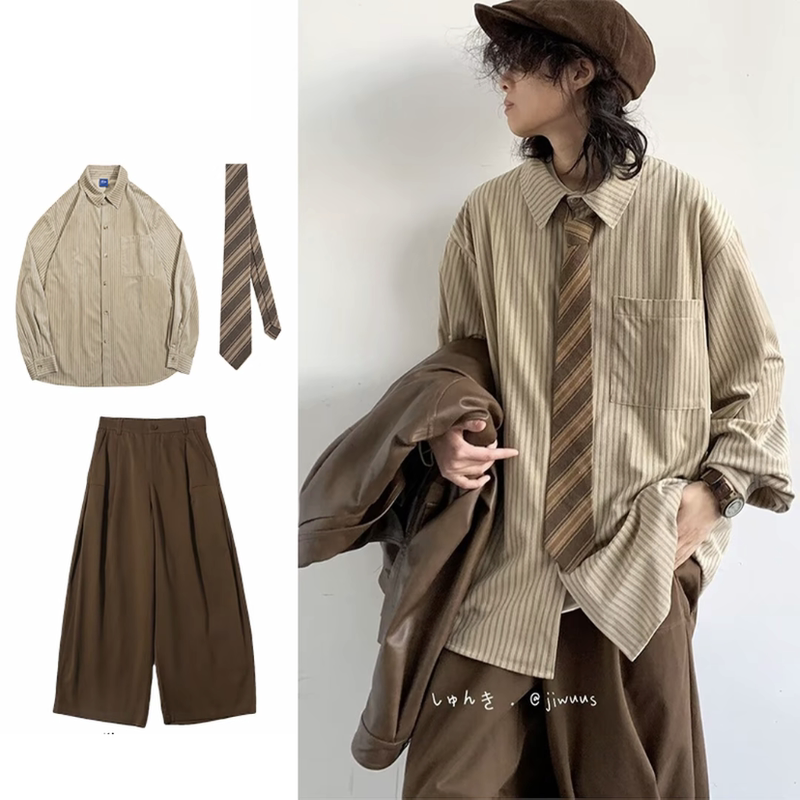 Three-Piece/Single-Piece Japanese Retro Striped Shirt for Men and Women, College Style Loose Casual Long-Sleeved Shirt Jacket