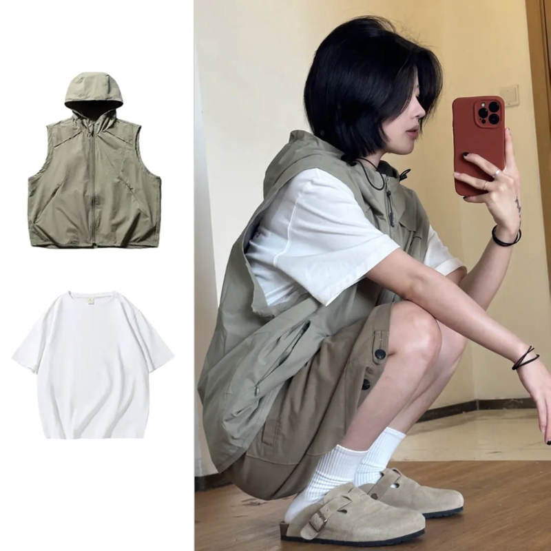 Two-Piece/Single-Piece Summer Mountain-Style Outdoor Hooded Vest for Men and Women with Textured Pockets and Zipper Functional Jacket
