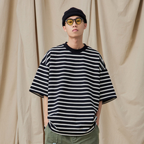 NGOARMY 21SS heavy weight 320G Japanese striped short-sleeved couple popular loose retro CURVED T-shirt national tide
