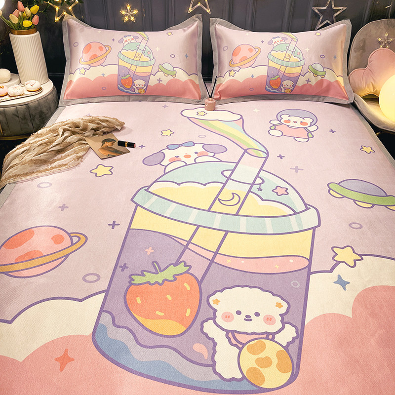 Summer Ice Silk Cool Mat Machine Washable Three Sets Summer Single Dormitory Cute Children Girl Air Conditioning Soft Mat